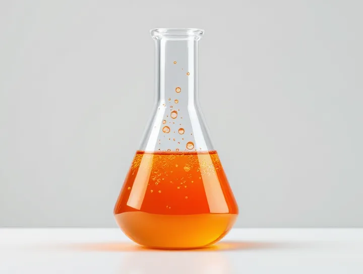 Un flacon de chimie rempli d'un liquide orange qui bouillonne